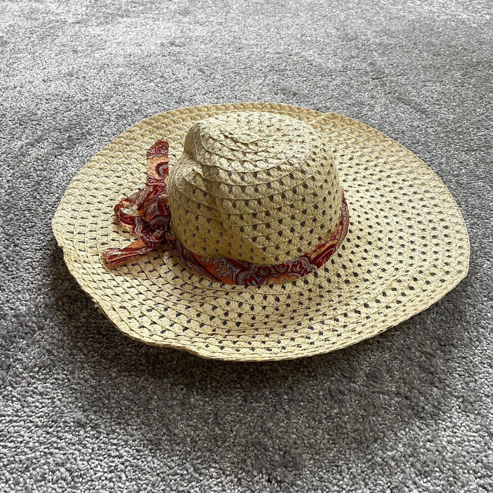 Unbranded Sun Hat Womens One Size Yellow Paper Straw Wide Brim Red Paisley Band